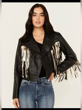 Idyllwind Black Leather Fringe Moto Jacket with Metallic Gold Trim